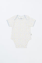 Flat Lay of Avauma Soft Rose Butter Garden Short Sleeve Baby Bodysuit, Delicate Floral Print Onesie